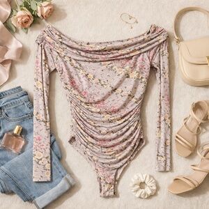 FORE Floral Long Sleeve Strapless Blouse Bodysuit - Cottagecore Vibes Size S